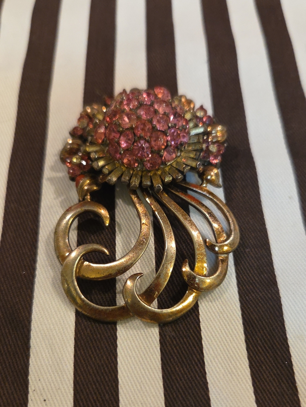 Vintage Inspired Pink Crystal Floral Brooch in Gold Tone